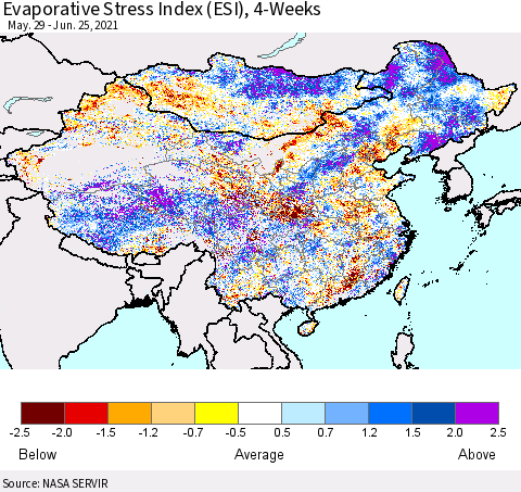 China, Mongolia and Taiwan Evaporative Stress Index (ESI), 4-Weeks Thematic Map For 6/21/2021 - 6/27/2021