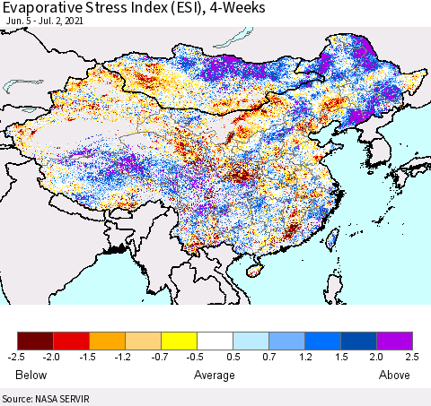China and Taiwan Evaporative Stress Index 4-Weeks (ESI) Thematic Map For 6/28/2021 - 7/4/2021