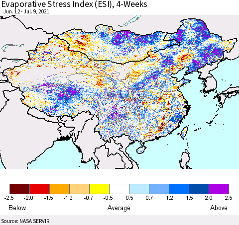 China and Taiwan Evaporative Stress Index 4-Weeks (ESI) Thematic Map For 7/5/2021 - 7/11/2021