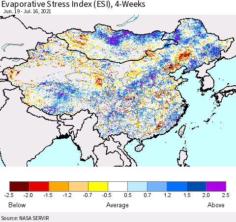 China and Taiwan Evaporative Stress Index 4-Weeks (ESI) Thematic Map For 7/12/2021 - 7/18/2021