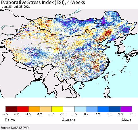 China and Taiwan Evaporative Stress Index 4-Weeks (ESI) Thematic Map For 7/19/2021 - 7/25/2021