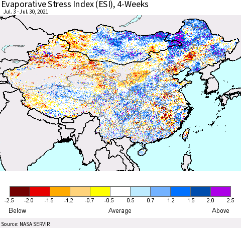 China and Taiwan Evaporative Stress Index 4-Weeks (ESI) Thematic Map For 7/26/2021 - 8/1/2021