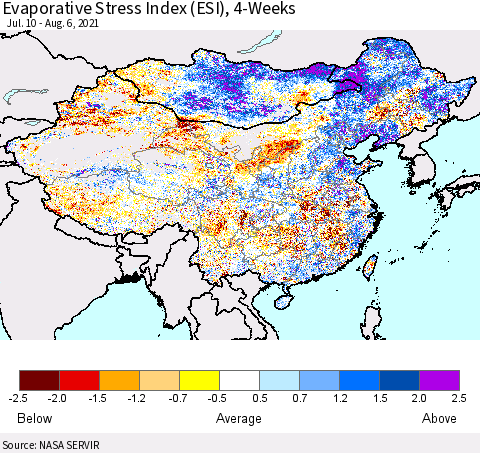 China and Taiwan Evaporative Stress Index 4-Weeks (ESI) Thematic Map For 8/2/2021 - 8/8/2021