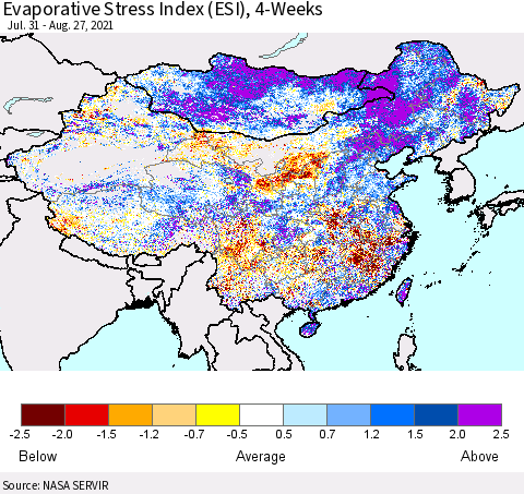 China and Taiwan Evaporative Stress Index 4-Weeks (ESI) Thematic Map For 8/23/2021 - 8/29/2021