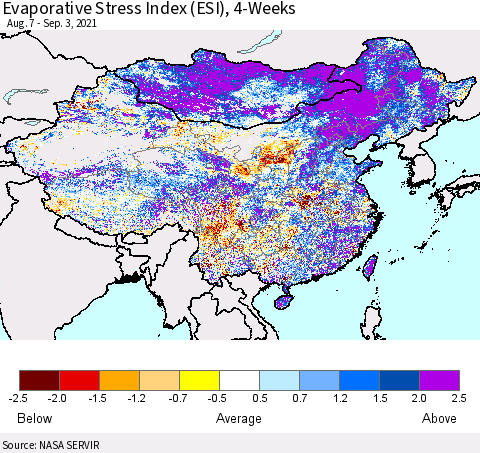China and Taiwan Evaporative Stress Index 4-Weeks (ESI) Thematic Map For 8/30/2021 - 9/5/2021