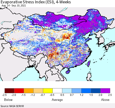 China and Taiwan Evaporative Stress Index 4-Weeks (ESI) Thematic Map For 9/6/2021 - 9/12/2021