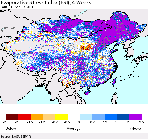 China and Taiwan Evaporative Stress Index 4-Weeks (ESI) Thematic Map For 9/13/2021 - 9/19/2021