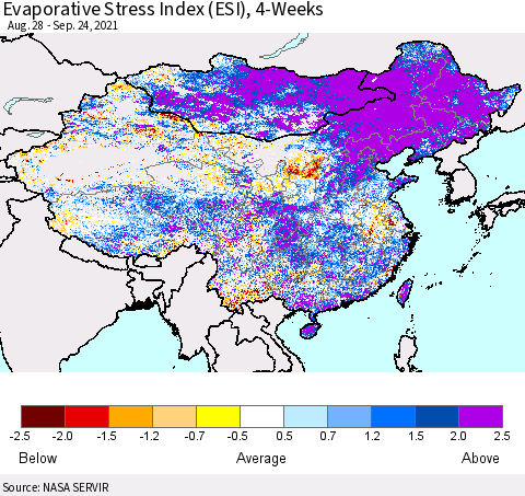 China and Taiwan Evaporative Stress Index 4-Weeks (ESI) Thematic Map For 9/20/2021 - 9/26/2021