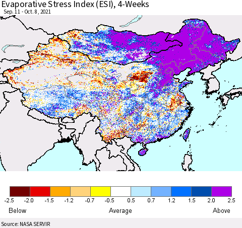 China and Taiwan Evaporative Stress Index 4-Weeks (ESI) Thematic Map For 10/4/2021 - 10/10/2021