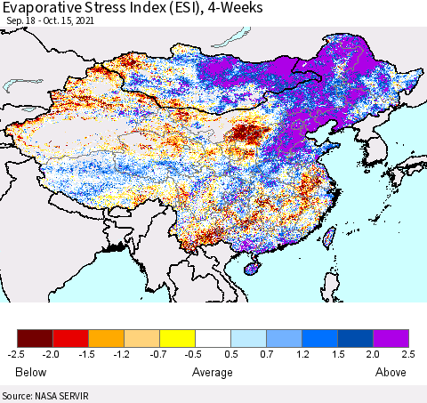 China, Mongolia and Taiwan Evaporative Stress Index (ESI), 4-Weeks Thematic Map For 10/11/2021 - 10/17/2021
