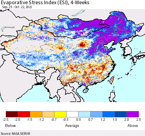 China, Mongolia and Taiwan Evaporative Stress Index (ESI), 4-Weeks Thematic Map For 10/18/2021 - 10/24/2021