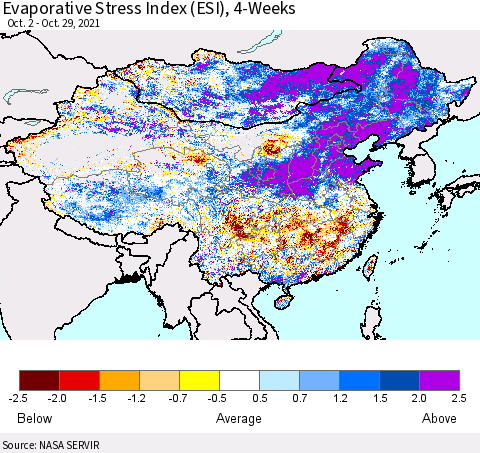 China and Taiwan Evaporative Stress Index 4-Weeks (ESI) Thematic Map For 10/25/2021 - 10/31/2021
