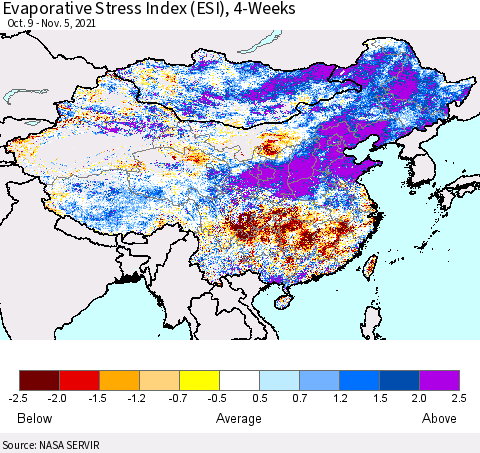 China, Mongolia and Taiwan Evaporative Stress Index (ESI), 4-Weeks Thematic Map For 11/1/2021 - 11/7/2021