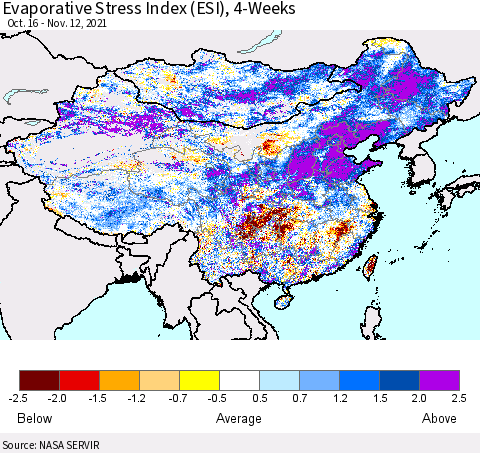 China, Mongolia and Taiwan Evaporative Stress Index (ESI), 4-Weeks Thematic Map For 11/8/2021 - 11/14/2021