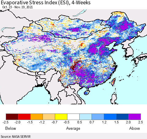 China, Mongolia and Taiwan Evaporative Stress Index (ESI), 4-Weeks Thematic Map For 11/15/2021 - 11/21/2021