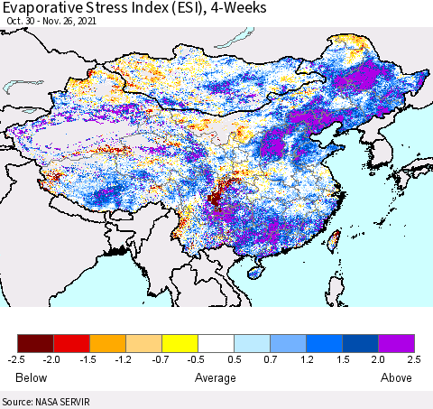 China, Mongolia and Taiwan Evaporative Stress Index (ESI), 4-Weeks Thematic Map For 11/22/2021 - 11/28/2021
