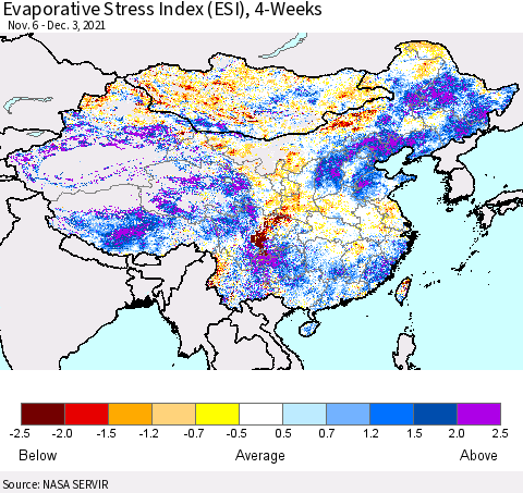 China, Mongolia and Taiwan Evaporative Stress Index (ESI), 4-Weeks Thematic Map For 11/29/2021 - 12/5/2021