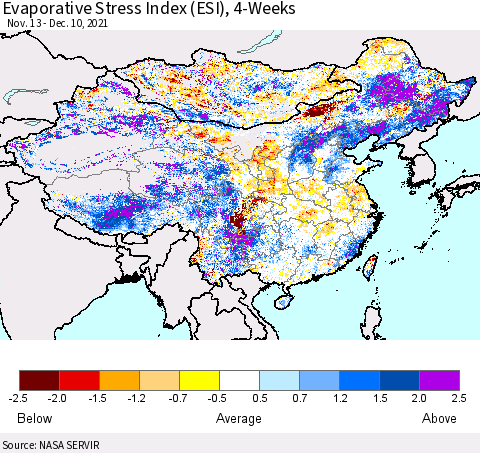 China, Mongolia and Taiwan Evaporative Stress Index (ESI), 4-Weeks Thematic Map For 12/6/2021 - 12/12/2021