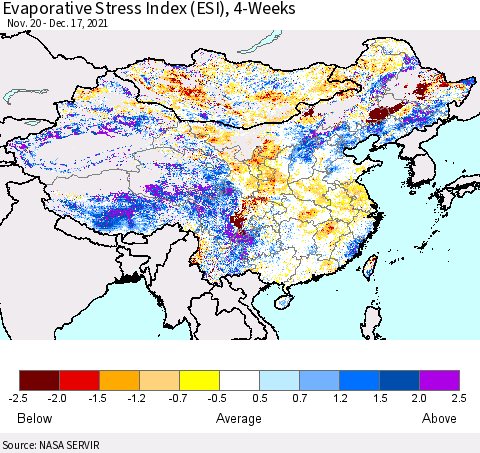 China, Mongolia and Taiwan Evaporative Stress Index (ESI), 4-Weeks Thematic Map For 12/13/2021 - 12/19/2021