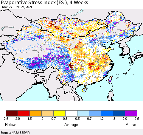 China, Mongolia and Taiwan Evaporative Stress Index (ESI), 4-Weeks Thematic Map For 12/20/2021 - 12/26/2021