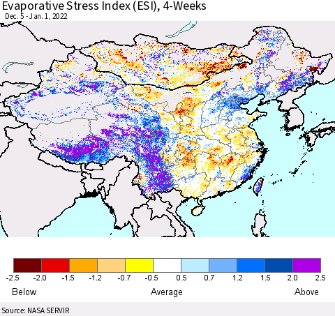 China, Mongolia and Taiwan Evaporative Stress Index (ESI), 4-Weeks Thematic Map For 12/27/2021 - 1/2/2022