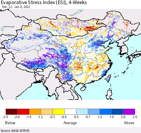 China, Mongolia and Taiwan Evaporative Stress Index (ESI), 4-Weeks Thematic Map For 1/3/2022 - 1/9/2022