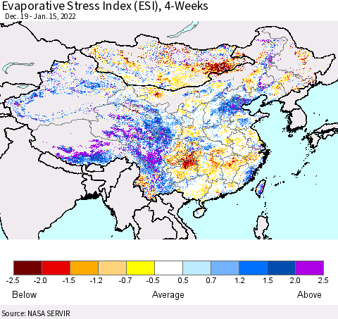 China, Mongolia and Taiwan Evaporative Stress Index (ESI), 4-Weeks Thematic Map For 1/10/2022 - 1/16/2022