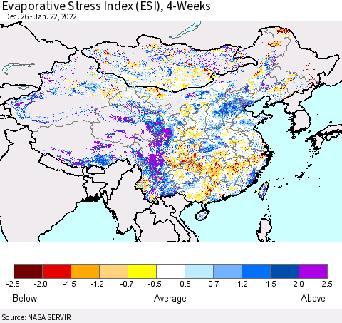 China, Mongolia and Taiwan Evaporative Stress Index (ESI), 4-Weeks Thematic Map For 1/17/2022 - 1/23/2022