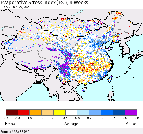 China, Mongolia and Taiwan Evaporative Stress Index (ESI), 4-Weeks Thematic Map For 1/24/2022 - 1/30/2022