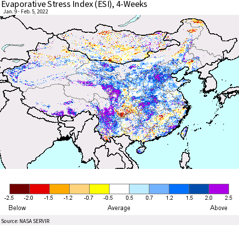China, Mongolia and Taiwan Evaporative Stress Index (ESI), 4-Weeks Thematic Map For 1/31/2022 - 2/6/2022