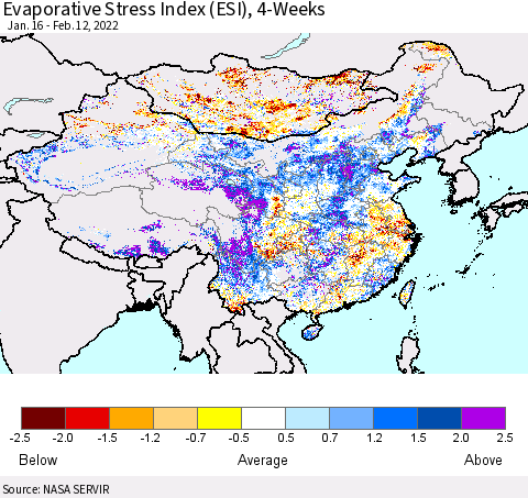 China, Mongolia and Taiwan Evaporative Stress Index (ESI), 4-Weeks Thematic Map For 2/7/2022 - 2/13/2022