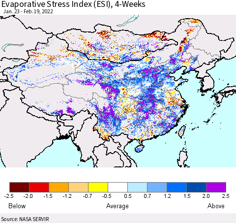 China, Mongolia and Taiwan Evaporative Stress Index (ESI), 4-Weeks Thematic Map For 2/14/2022 - 2/20/2022