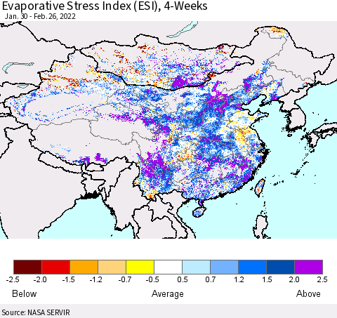 China, Mongolia and Taiwan Evaporative Stress Index (ESI), 4-Weeks Thematic Map For 2/21/2022 - 2/27/2022