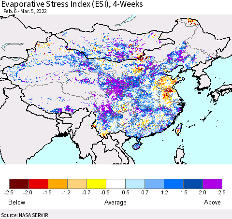 China, Mongolia and Taiwan Evaporative Stress Index (ESI), 4-Weeks Thematic Map For 2/28/2022 - 3/6/2022