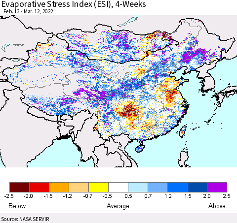 China, Mongolia and Taiwan Evaporative Stress Index (ESI), 4-Weeks Thematic Map For 3/7/2022 - 3/13/2022