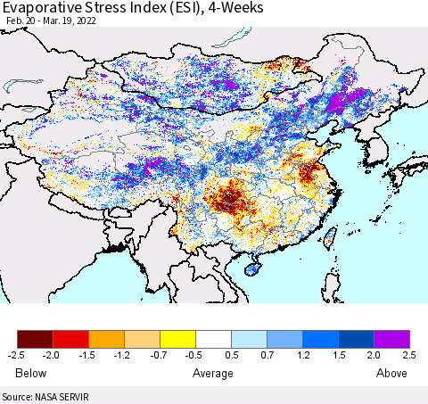 China, Mongolia and Taiwan Evaporative Stress Index (ESI), 4-Weeks Thematic Map For 3/14/2022 - 3/20/2022