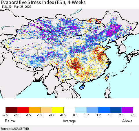 China, Mongolia and Taiwan Evaporative Stress Index (ESI), 4-Weeks Thematic Map For 3/21/2022 - 3/27/2022
