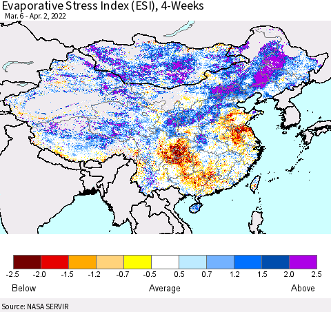 China, Mongolia and Taiwan Evaporative Stress Index (ESI), 4-Weeks Thematic Map For 3/28/2022 - 4/3/2022