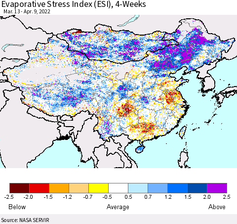 China, Mongolia and Taiwan Evaporative Stress Index (ESI), 4-Weeks Thematic Map For 4/4/2022 - 4/10/2022