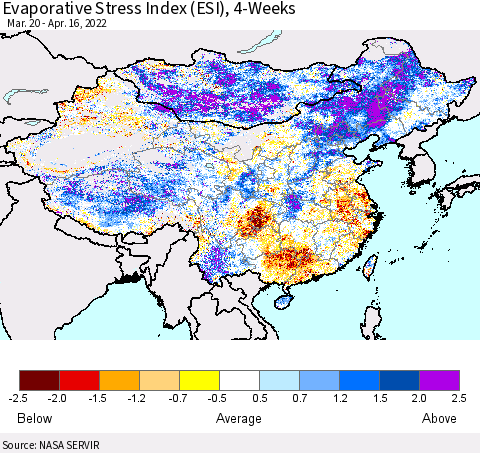 China, Mongolia and Taiwan Evaporative Stress Index (ESI), 4-Weeks Thematic Map For 4/11/2022 - 4/17/2022
