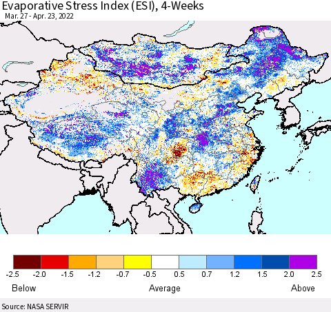 China, Mongolia and Taiwan Evaporative Stress Index (ESI), 4-Weeks Thematic Map For 4/18/2022 - 4/24/2022