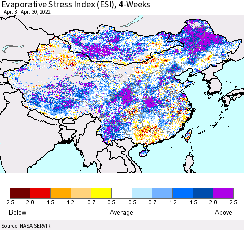 China, Mongolia and Taiwan Evaporative Stress Index (ESI), 4-Weeks Thematic Map For 4/25/2022 - 5/1/2022