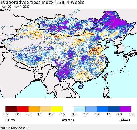 China, Mongolia and Taiwan Evaporative Stress Index (ESI), 4-Weeks Thematic Map For 5/2/2022 - 5/8/2022