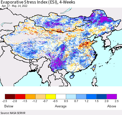 China, Mongolia and Taiwan Evaporative Stress Index (ESI), 4-Weeks Thematic Map For 5/9/2022 - 5/15/2022