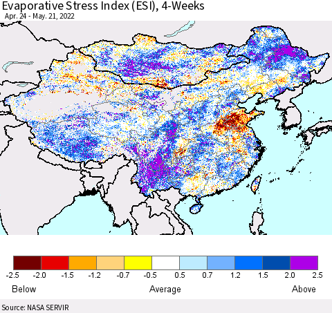China, Mongolia and Taiwan Evaporative Stress Index (ESI), 4-Weeks Thematic Map For 5/16/2022 - 5/22/2022