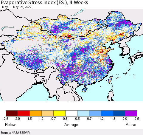 China, Mongolia and Taiwan Evaporative Stress Index (ESI), 4-Weeks Thematic Map For 5/23/2022 - 5/29/2022