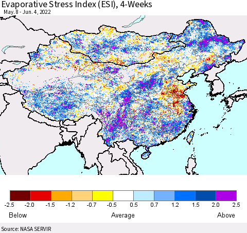 China, Mongolia and Taiwan Evaporative Stress Index (ESI), 4-Weeks Thematic Map For 5/30/2022 - 6/5/2022