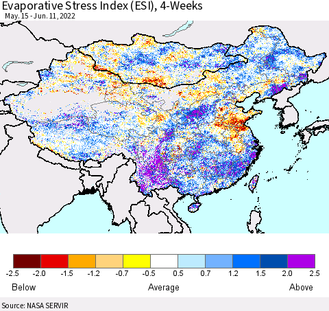 China, Mongolia and Taiwan Evaporative Stress Index (ESI), 4-Weeks Thematic Map For 6/6/2022 - 6/12/2022