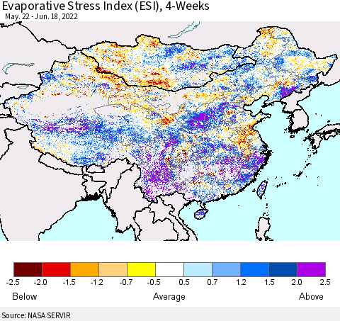 China, Mongolia and Taiwan Evaporative Stress Index (ESI), 4-Weeks Thematic Map For 6/13/2022 - 6/19/2022