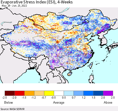 China, Mongolia and Taiwan Evaporative Stress Index (ESI), 4-Weeks Thematic Map For 6/20/2022 - 6/26/2022